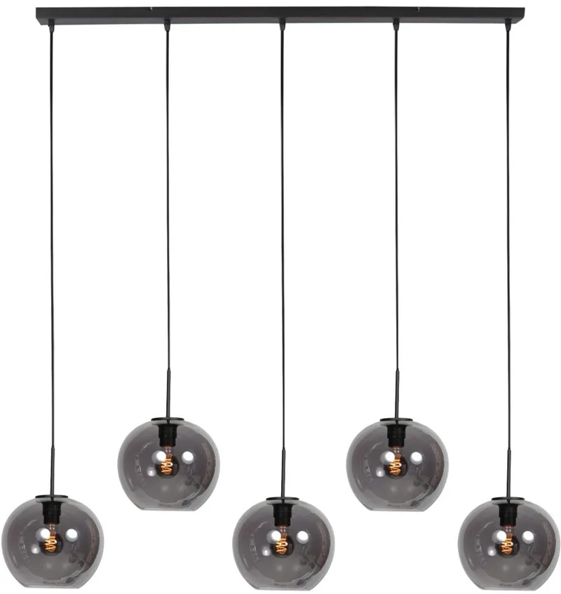 Sferio 4285ZW Hanglamp - Hoogteinstelbaar - Matzwart met 5 Smoke Glazen Bollen de Mexlite en Noir – photo produit