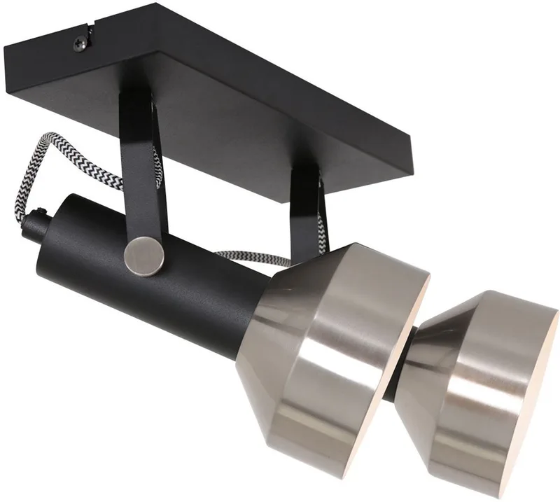 Spot plafondlamp Acier 3338ZW Zwart 2 x E27 fitting, Draaibaar en kantelbaar, Kunststof en Metaal, Modern, Mexlite von Mexlite in Silber, Schwarz – Produktfoto