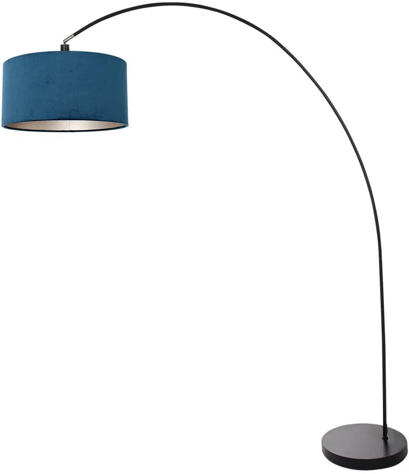 Vloerlamp Mexlite Solva 3900ZW zwart met blauw fluwelen lampenkap, hoogte 185 cm, kantelbare fitting, trendy design, metaal en textielmateriaal, voor binnen gebruik fra Mexlite i Blå, Sort – produktbillede
