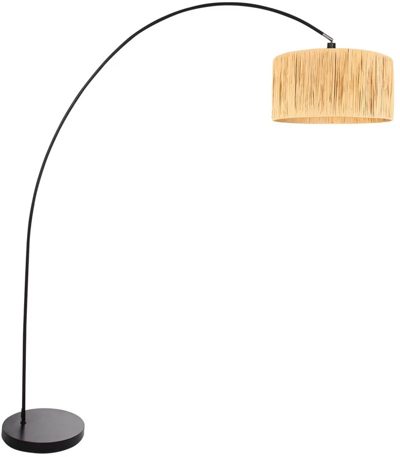 Vloerlamp Solva 3740ZW - Trendy booglamp met metalen basis en seagrass lampenkap, hoogte 185 cm, kantelbaar, naturel/zwart van Mexlite in Zwart – productfoto