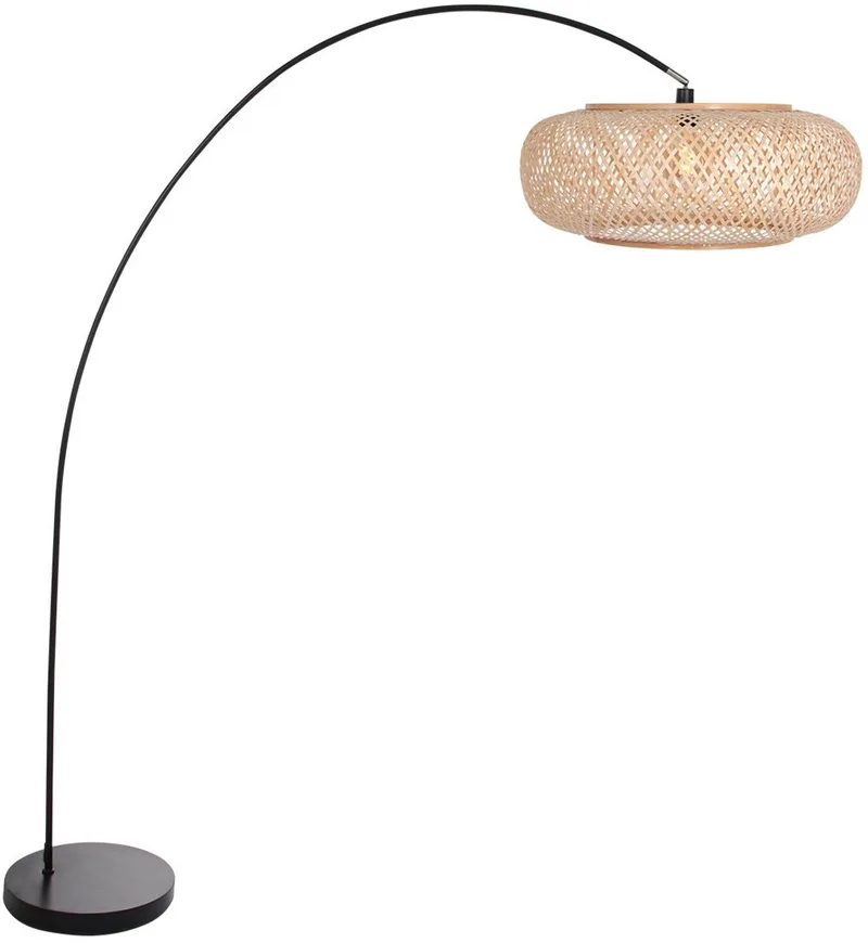 Vloerlamp Solva 4465ZW - Zwarte booglamp met bamboe kap Ø60 cm, trendy design, metalen constructie, kantelbaar, hoogte 185 cm, ideaal voor binnengebruik by Mexlite in Beige, Black – product photo