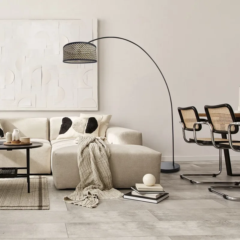 Vloerlampen Solva 3739ZW trendy zwart bamboe en metaal 185 cm hoogte en 165 cm reikwijdte voor binnengebruik von Mexlite in Beige, Schwarz – Produktfoto