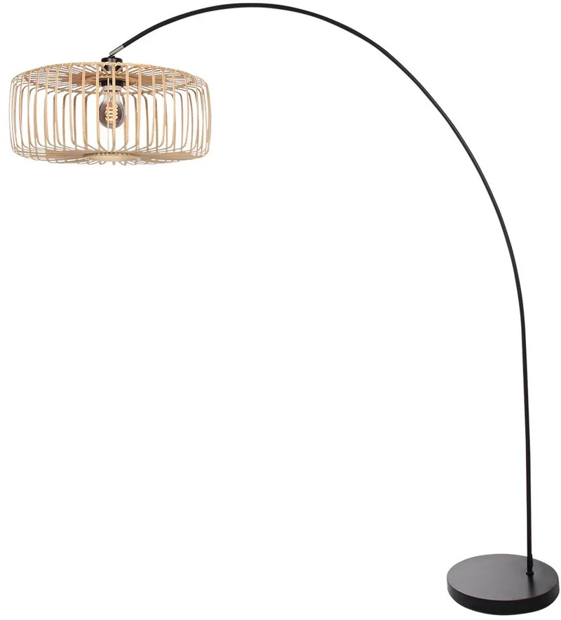 Vloerlampen Zwarte booglamp Solva 4156ZW met naturel bamboe kap, 185 cm hoog, kantelbaar, trendy design, Mexlite de Mexlite en Beige, Noir – photo produit