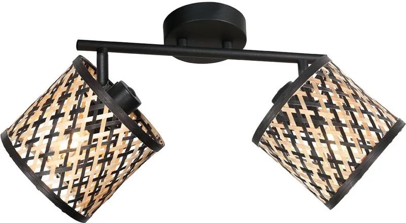 Wand-/plafondlamp Sumba 4488ZW - 2-lichts bamboe cilinder kapjes - zwart metaal - Merk: Mexlite - Trendy design voor binnengebruik de Mexlite en Beige, Noir – photo produit