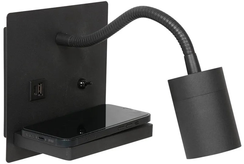 Wandlamp Mexlite Upround 3654ZW met draadloze telefoonlader, kunststof en metaal, kantelbaar, moderne stijl von Mexlite in Schwarz – Produktfoto
