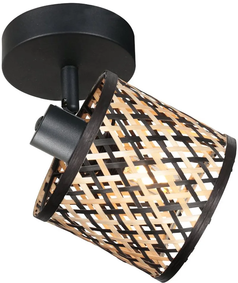 Wandlamp Sumba 4487ZW - zwart metaal en bamboe cilinder kap - trendy design von Mexlite in Beige, Schwarz – Produktfoto