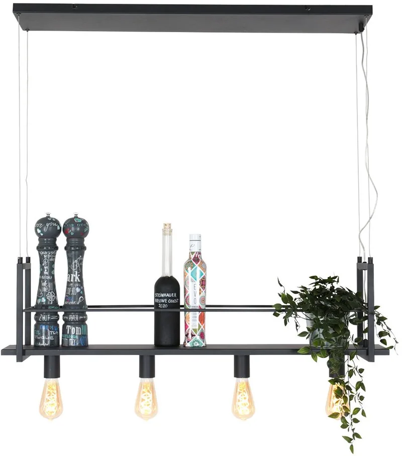 Zwarte hanglamp Buckley 2983ZW van Mexlite - Industrieel design, 100 cm breed, hoogte instelbaar van 60 tot 140 cm, materiaal: metaal, kunststof en elektronica by Mexlite in Black – product photo
