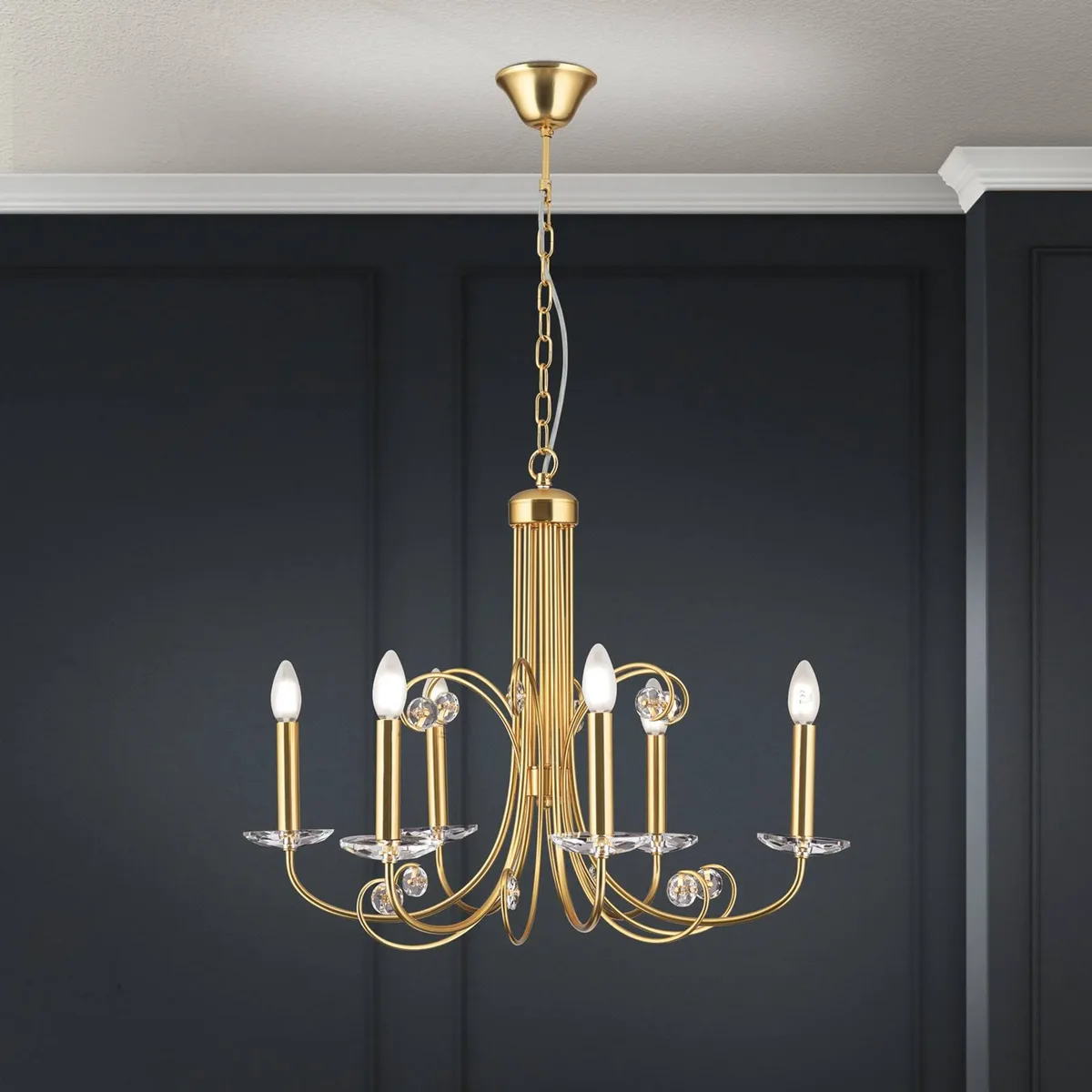 Ariane kroonluchter, goudkleurig, Ø 67,5 cm, kristal, 6-lamps. de Orion en Or, Helder – photo produit