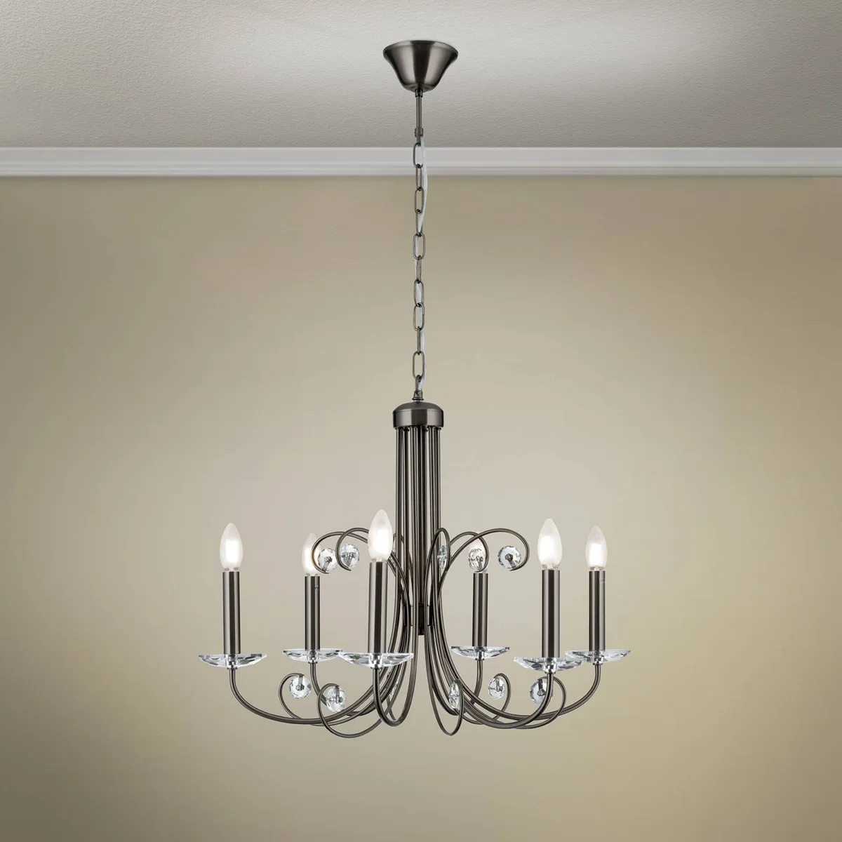 Ariane kroonluchter, nikkel, Ø 67,5 cm, kristal, 6-lamps. de Orion en Nikkel, Helder – photo produit