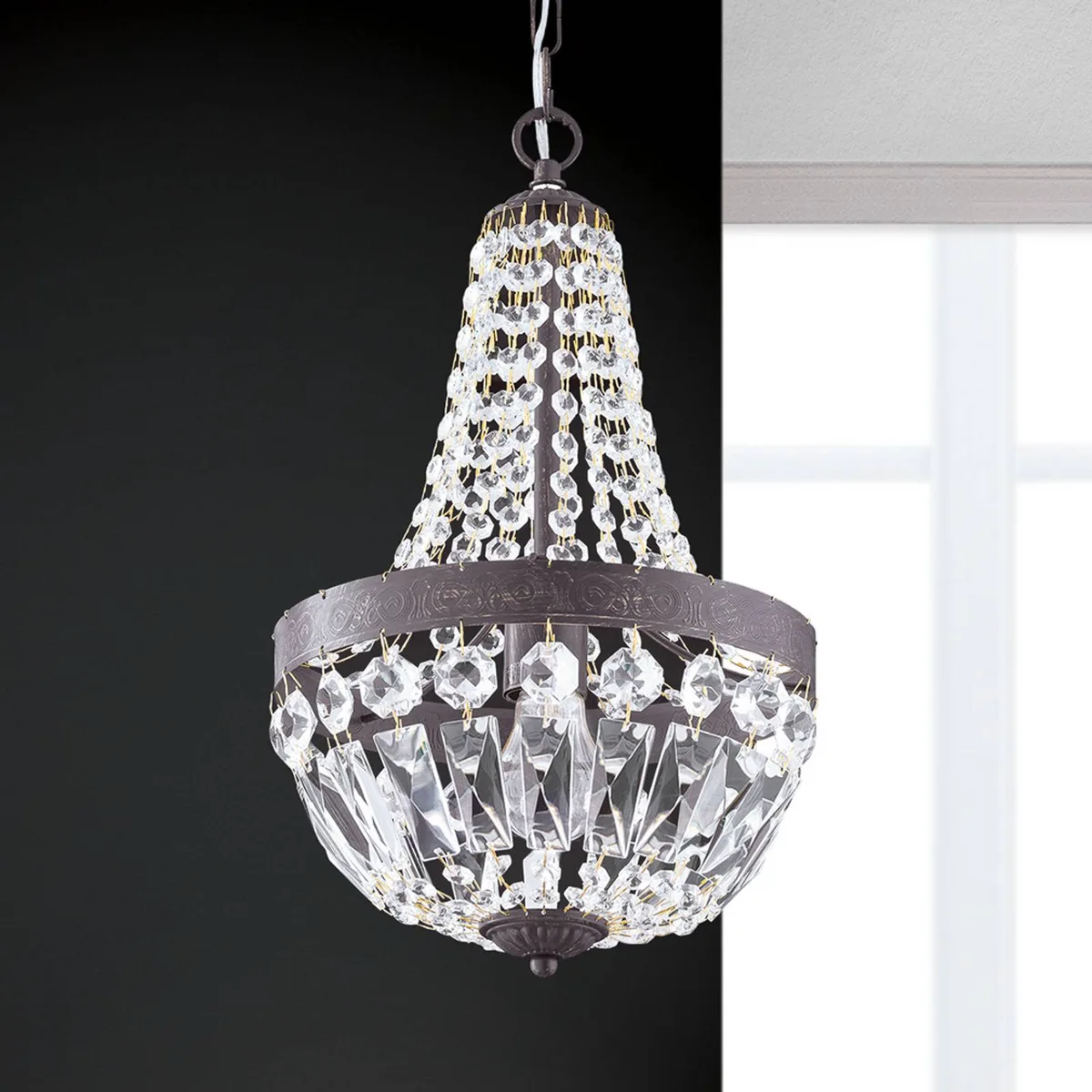 Arila hanglamp, kristallen kettingen, Ø 25 cm von Orion in Transparent, Antieke roestkleur – Produktfoto