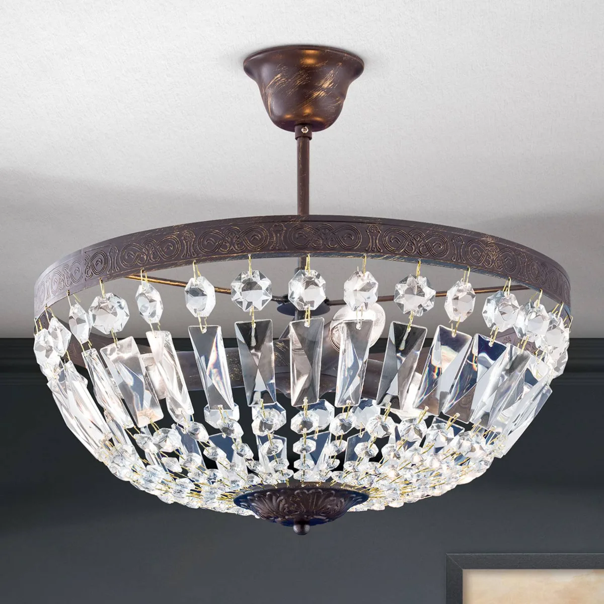 Arila plafondlamp, kristallen kettingen, Ø 40 cm fra Orion i Gennemsigtig, Antieke roestkleur – produktbillede