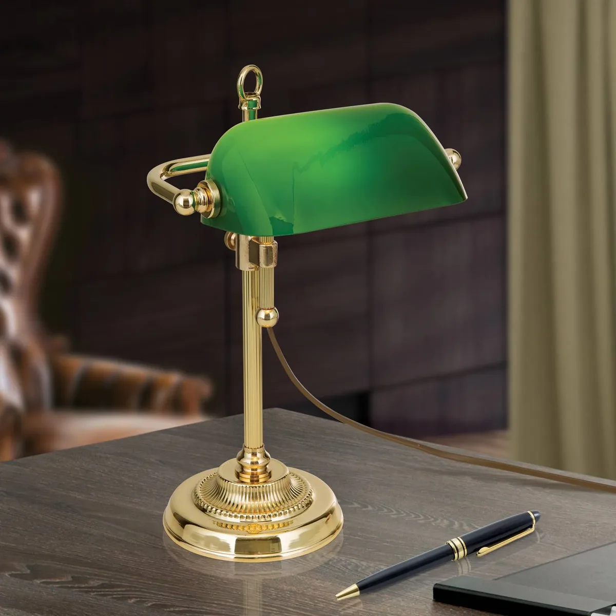 Bankierslamp Harvard, messing/groen, hoogte 32 cm von Orion in Messing, Grün – Produktfoto