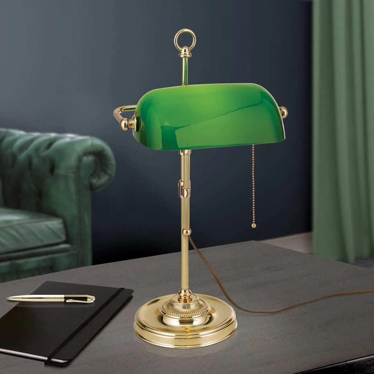 Bankierslamp Harvard met trekschakelaar de Orion en Laiton, Vert – photo produit