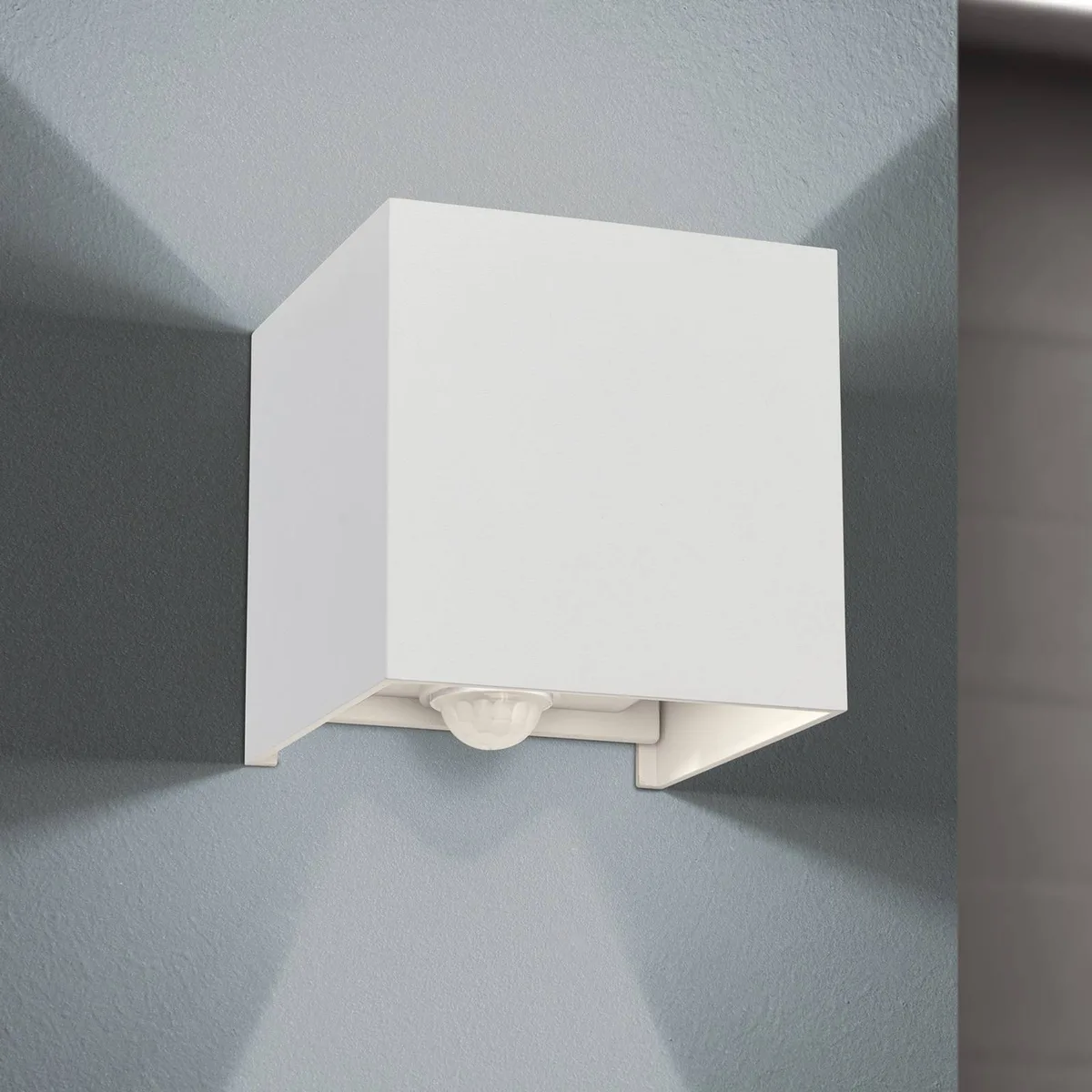 Buitenwandlamp Cube-S, metaal, bewegingsmelder de Orion en Blanc – photo produit