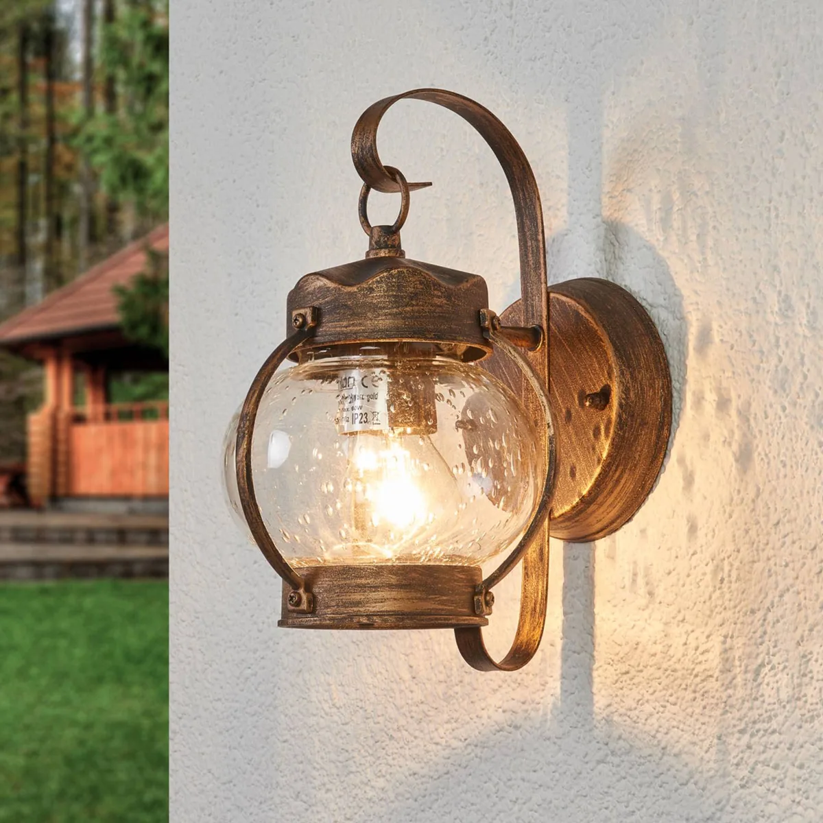 Buitenwandlamp Marguerite met bellenglas de Orion en Bruin goud, Helder – photo produit