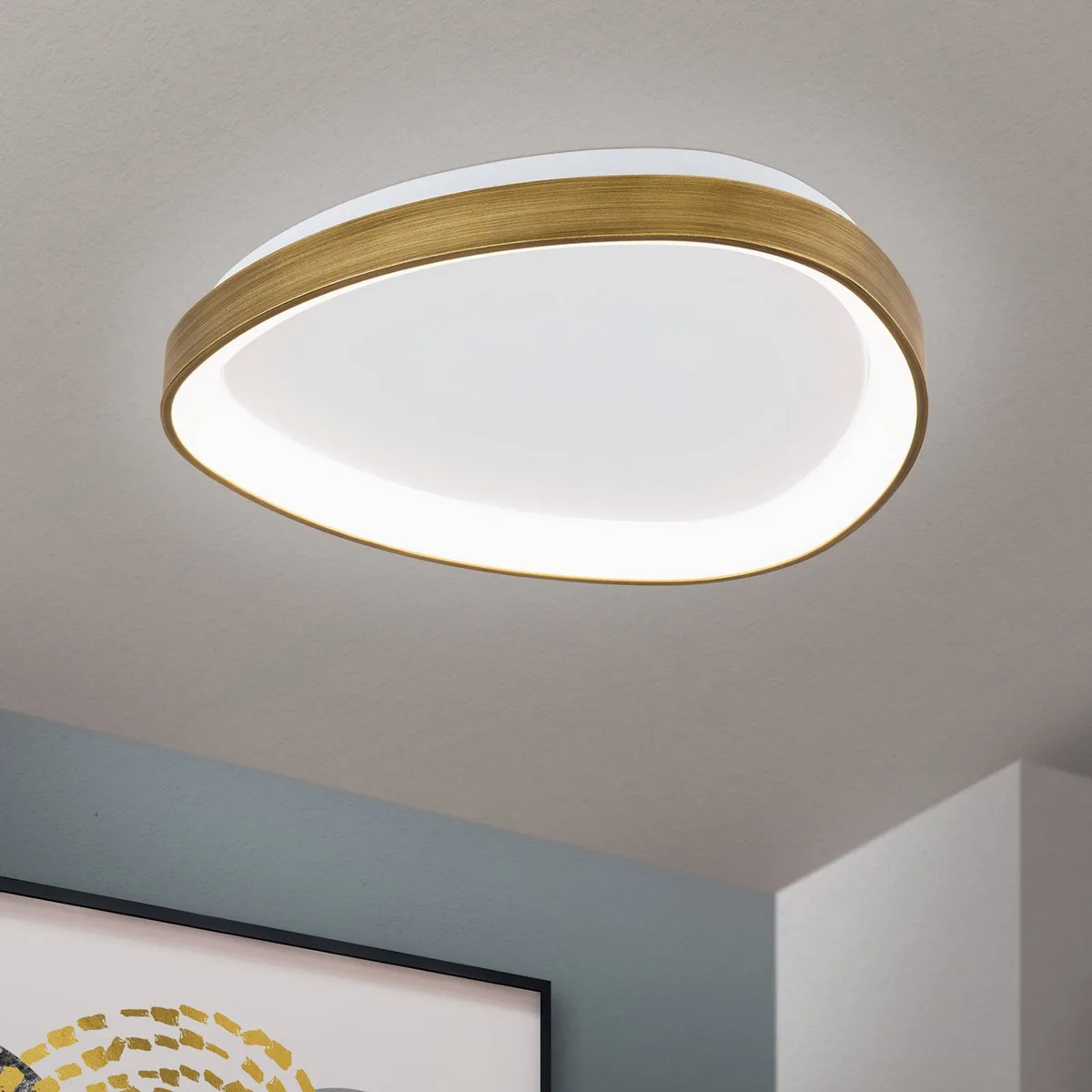 Charlie LED plafondlamp, Ø 45 cm, opaalwit, antiek messingkleur de Orion en Wit opaal, Antiek messing – photo produit