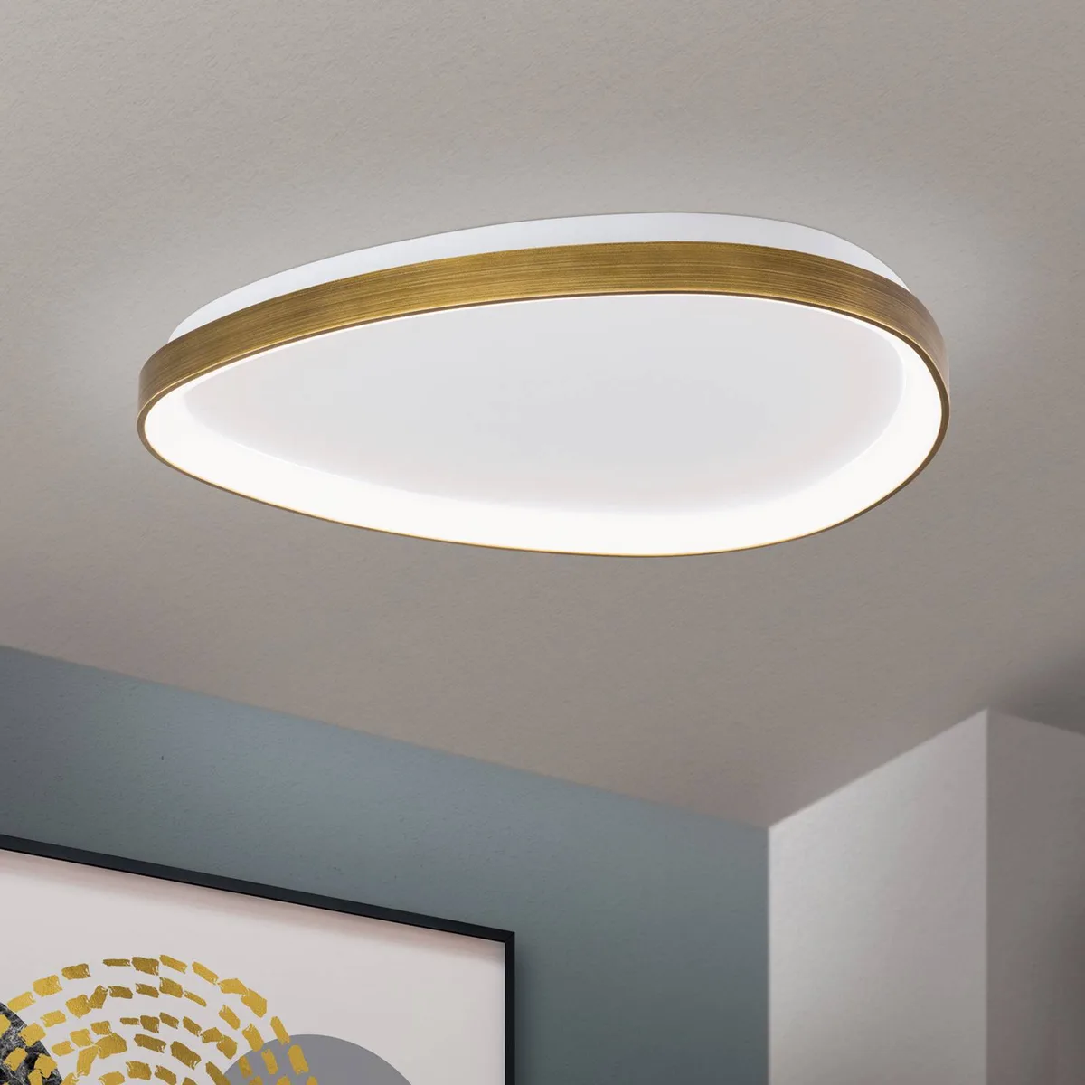 Charlie LED plafondlamp, Ø 65 cm, opaalwit, antiek messingkleur de Orion en Wit opaal, Antiek messing – photo produit