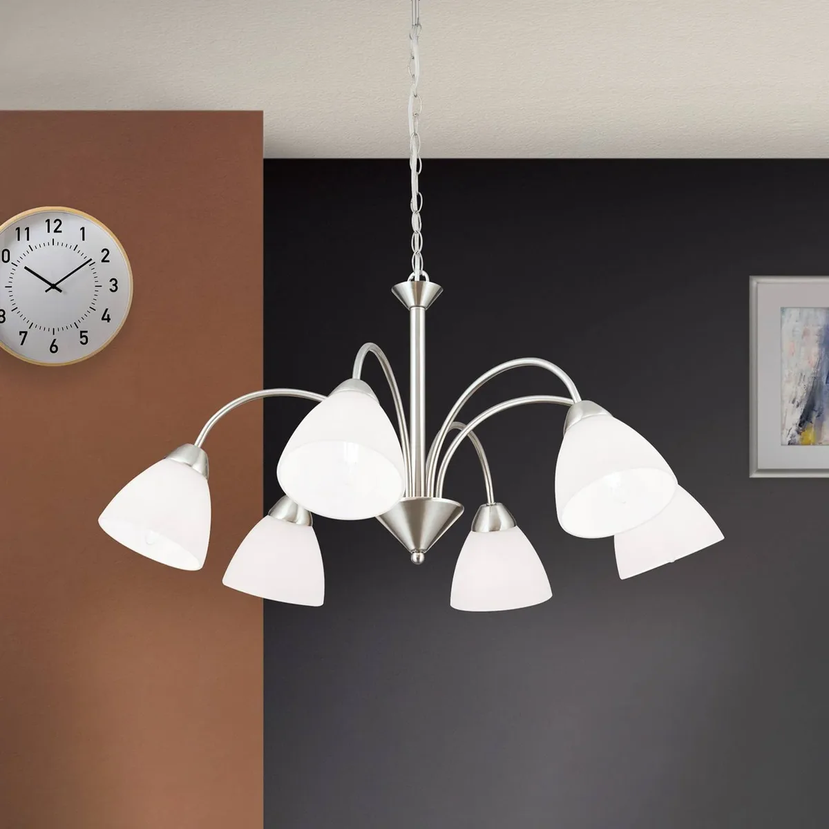 Charmante hanglamp KINGA, 6-lichts - nikkel från Orion i Mat nikkel, Gesatineerd wit – produktbild