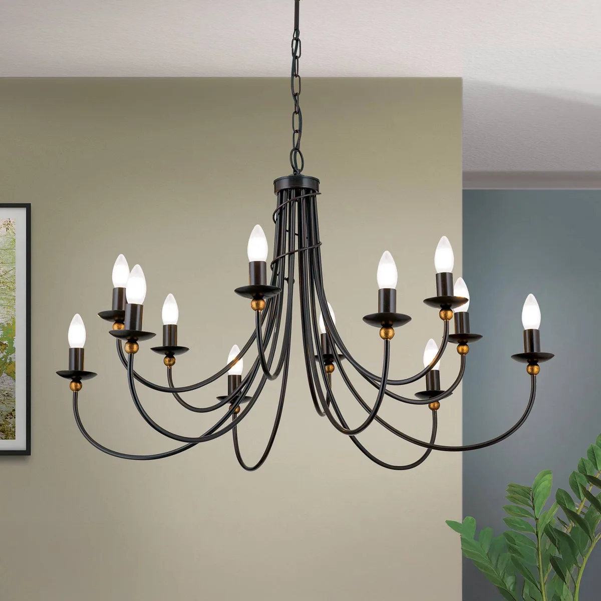Elegante kroonluchter GARDA, landhuisstijl 12-l. de Orion en Antiek-bruin, Or – photo produit