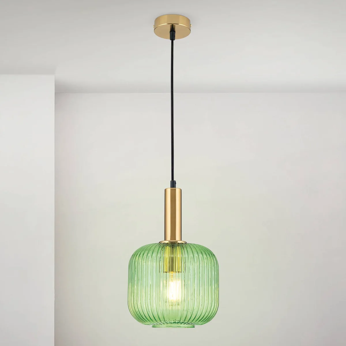 Hanglamp Carneval, antiek messing/groen, Ø 20 cm, glas de Orion en Antiek messing, Vert – photo produit