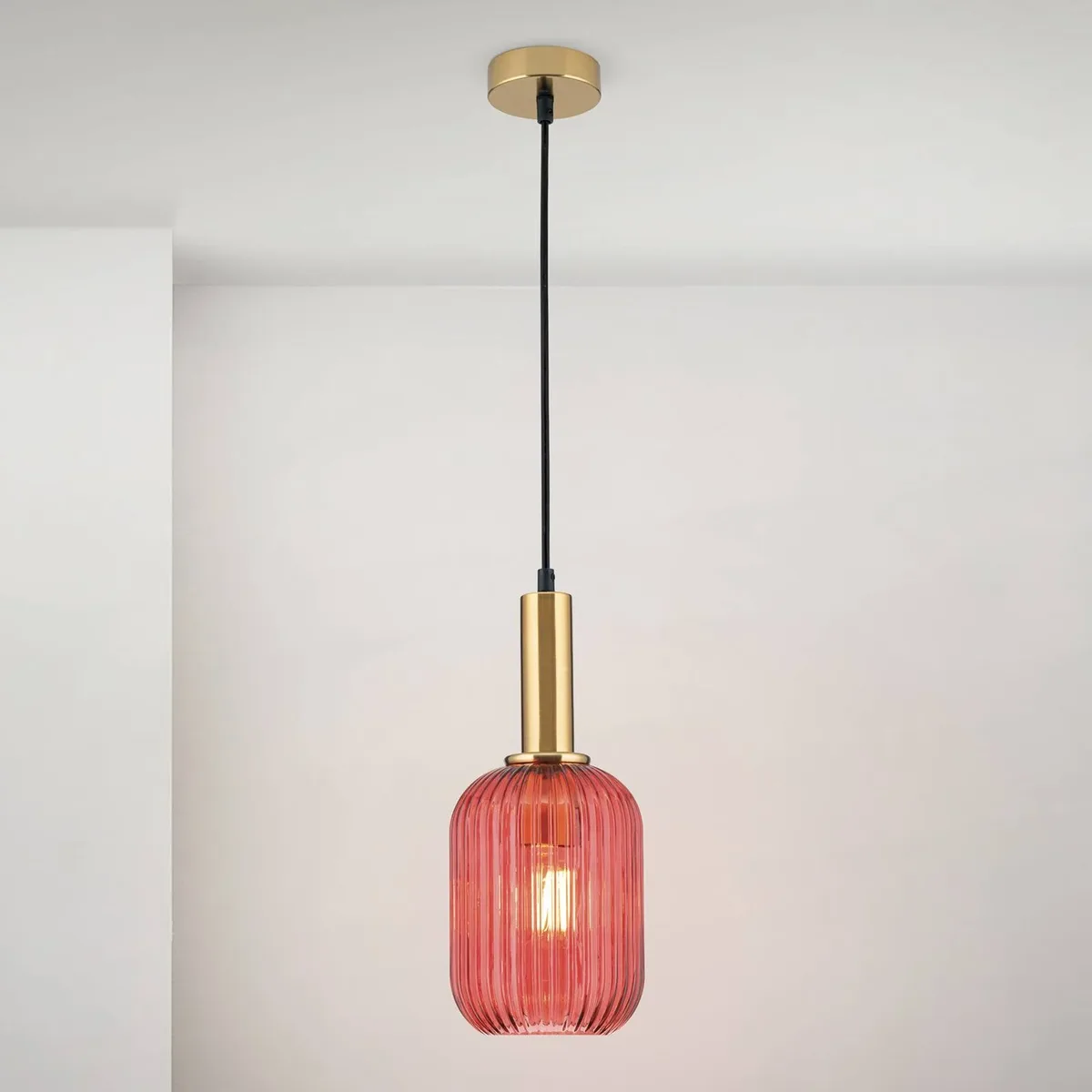 Hanglamp Carneval, antiek messing/rood, Ø 14 cm, glas de Orion en Antiek messing, Rouge – photo produit