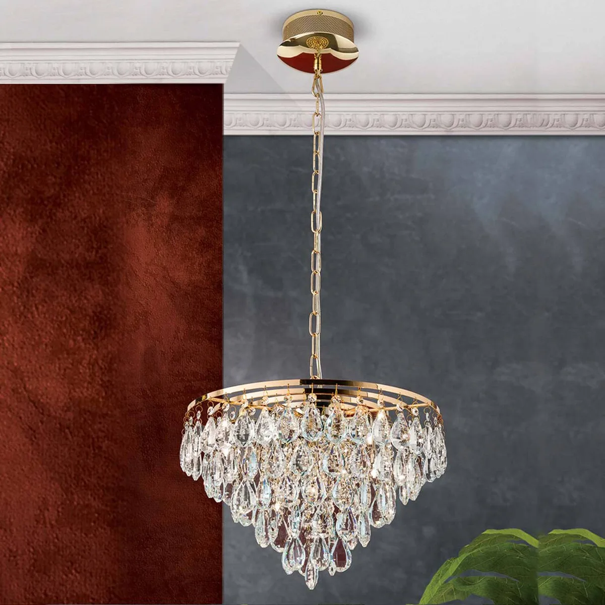 Hanglamp Celeste met K9-kristallen, 9-lamps goud de Orion en Or, Helder – photo produit