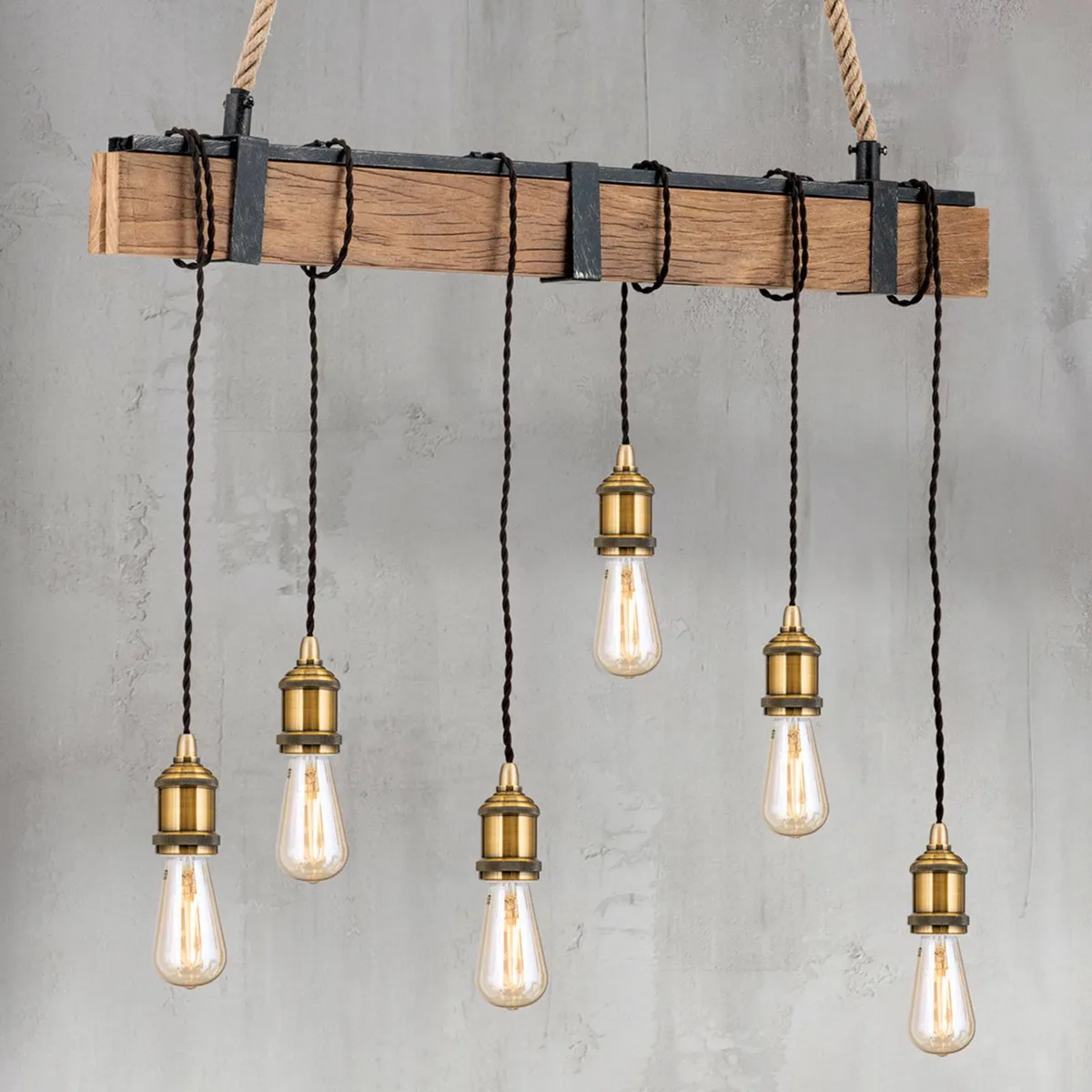 Hanglamp Cellar, houten balk, henneptouw, 6-lamps fra Orion i Licht hout, Natuurbruin, Sort, Goud antiek – produktbillede