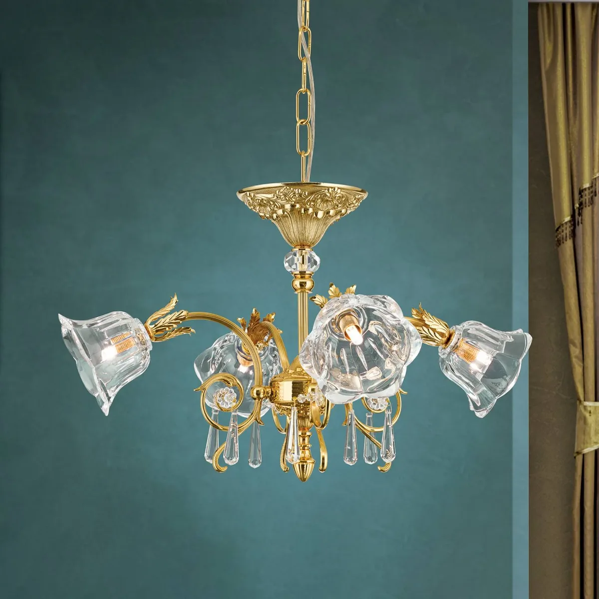 Hanglamp La Boheme, goud, 4-lamps, kristalglas by Orion in Gold, Helder – product photo