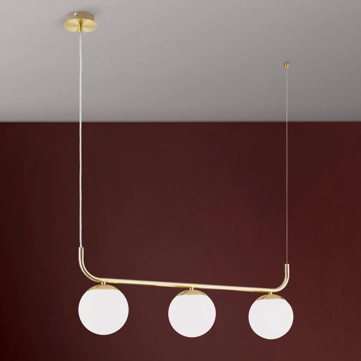 Hanglamp Madis met drie bolkappen de Orion en Mat messing, Blanc – photo produit