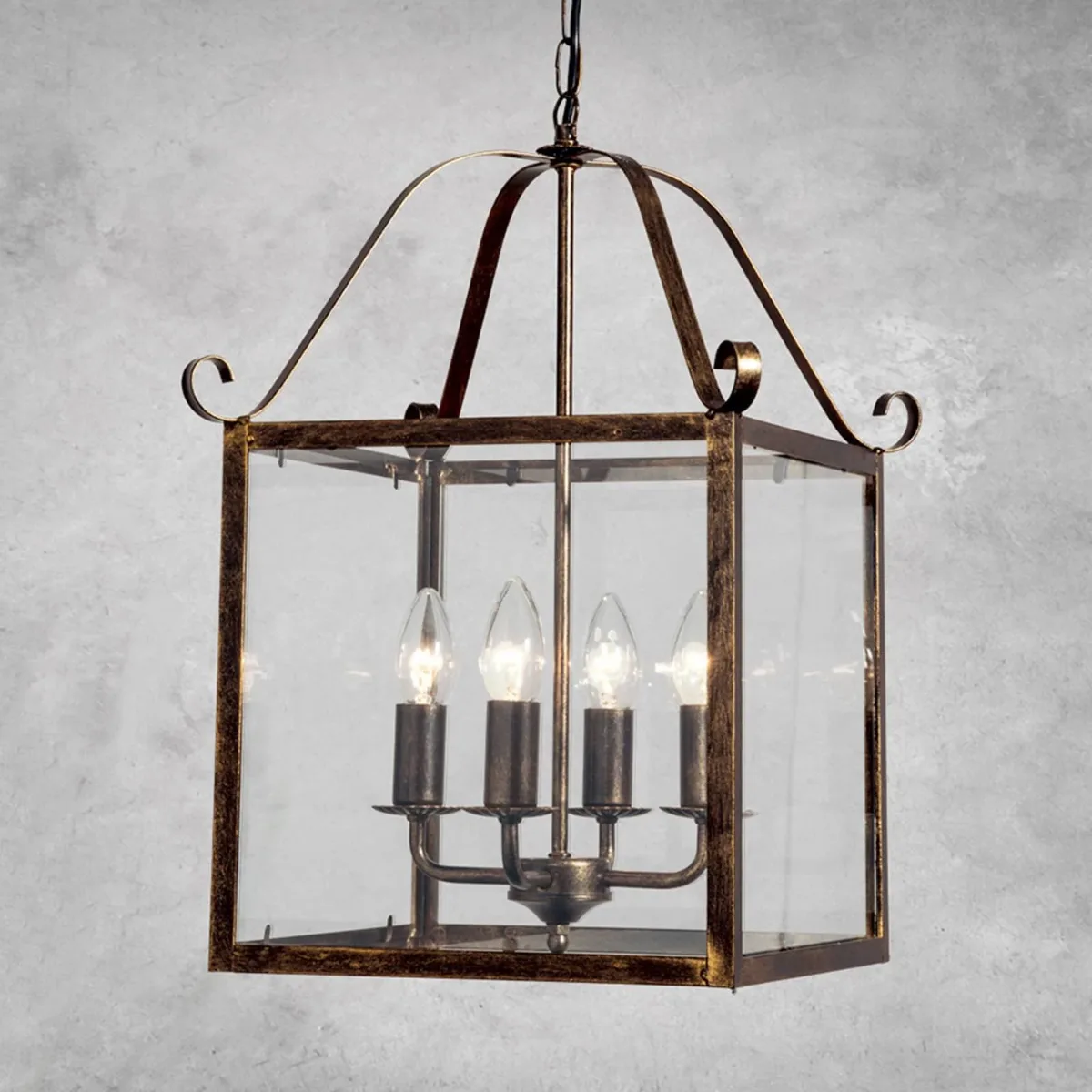 Hanglamp Manto, hoekig, goud antiek, 4-lamps von Orion in Antiek goud, Transparent – Produktfoto