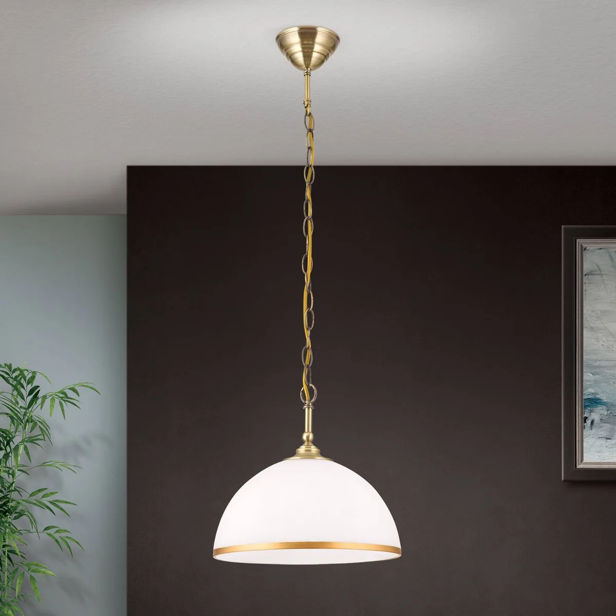 Hanglamp Old Lamp met kettingophanging, 1-lamp von Orion in Oudmessing, Opaal mat, Mat goud – Produktfoto