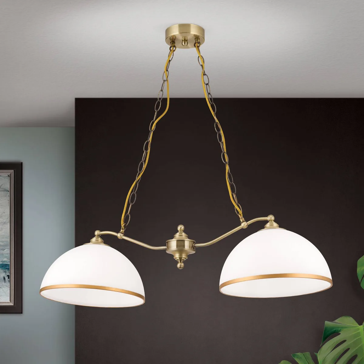 Hanglamp Old Lamp met kettingophanging, 2-lamps de Orion en Oudmessing, Opaal mat, Mat goud – photo produit