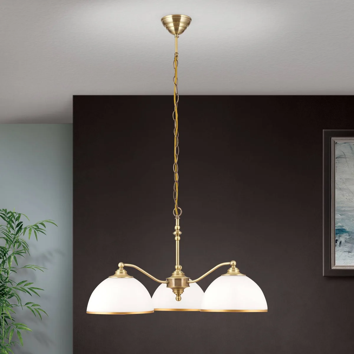 Hängeleuchte Old Lamp mit Kettenabhängung, 3-flg. von Orion in Oudmessing, Opaal mat, Mat goud – Produktfoto