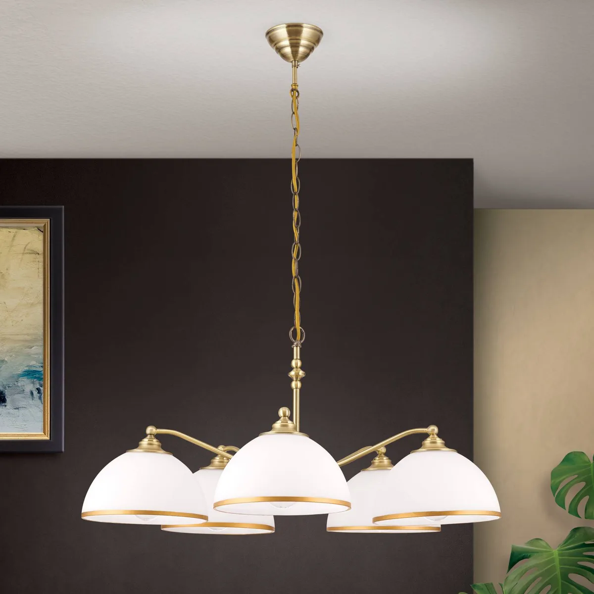 Old Lamp hængelampe med kædeophæng, 5 lyskilder fra Orion i Oudmessing, Opaal mat, Mat goud – produktbillede