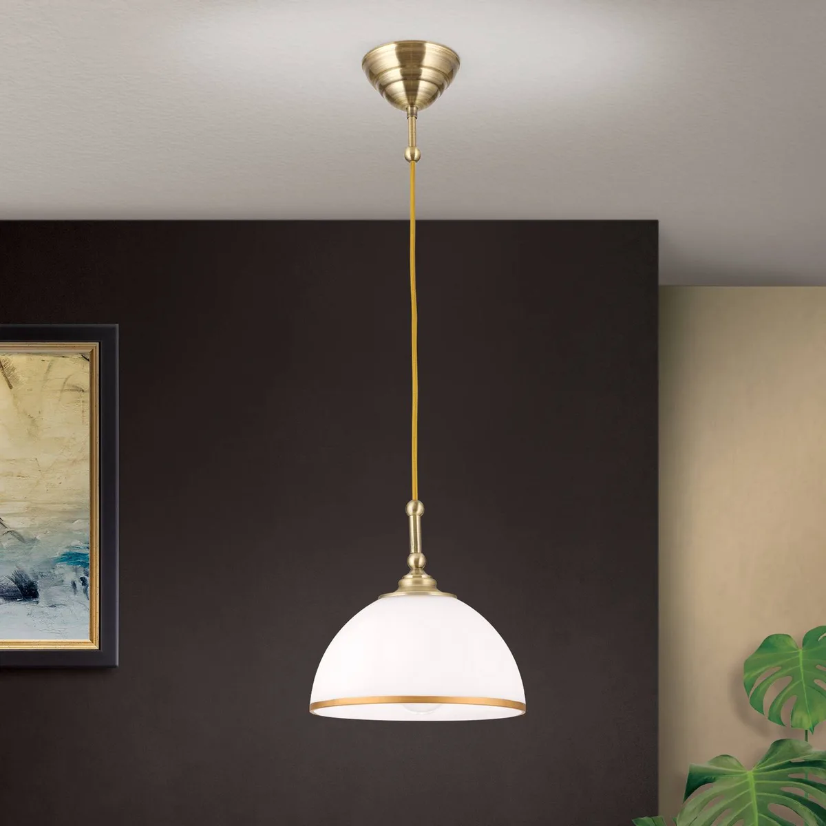 Hanglamp Old Lamp met textielkabel, 1-lamp de Orion en Oudmessing, Opaal mat, Mat goud – photo produit