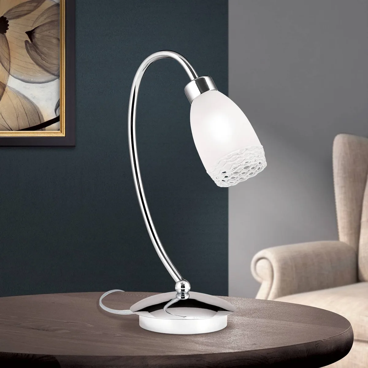 Indrukwekkende tafellamp MARISA, 1-lichts de Orion en Chrome, Glas: wit + helder – photo produit