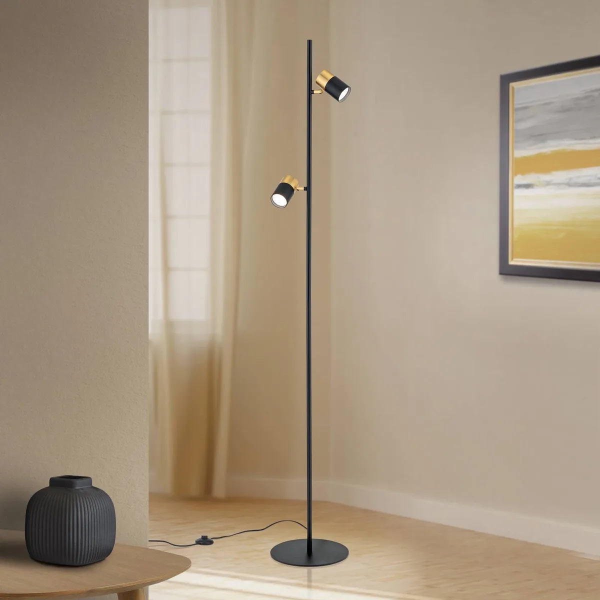 Kevin vloerlamp, 2-lamps, zwart/goud de Orion en Noir, Or – photo produit