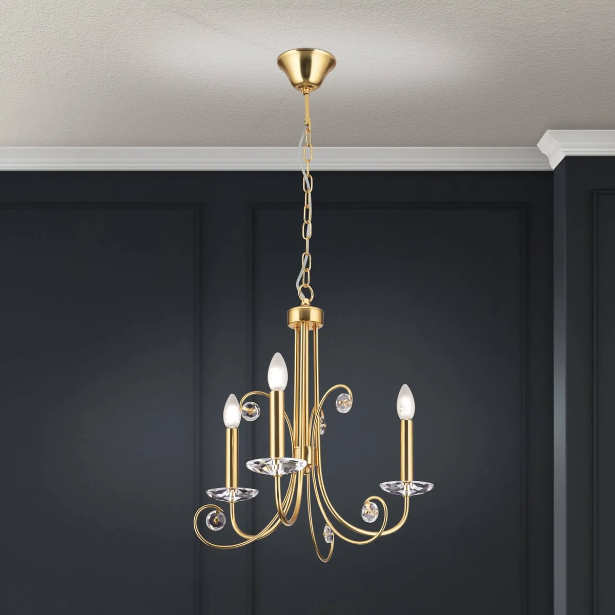 Kroonluchter Ariane, goudkleurig, Ø 50 cm, kristal, 3-lamps. von Orion in Gold, Helder – Produktfoto