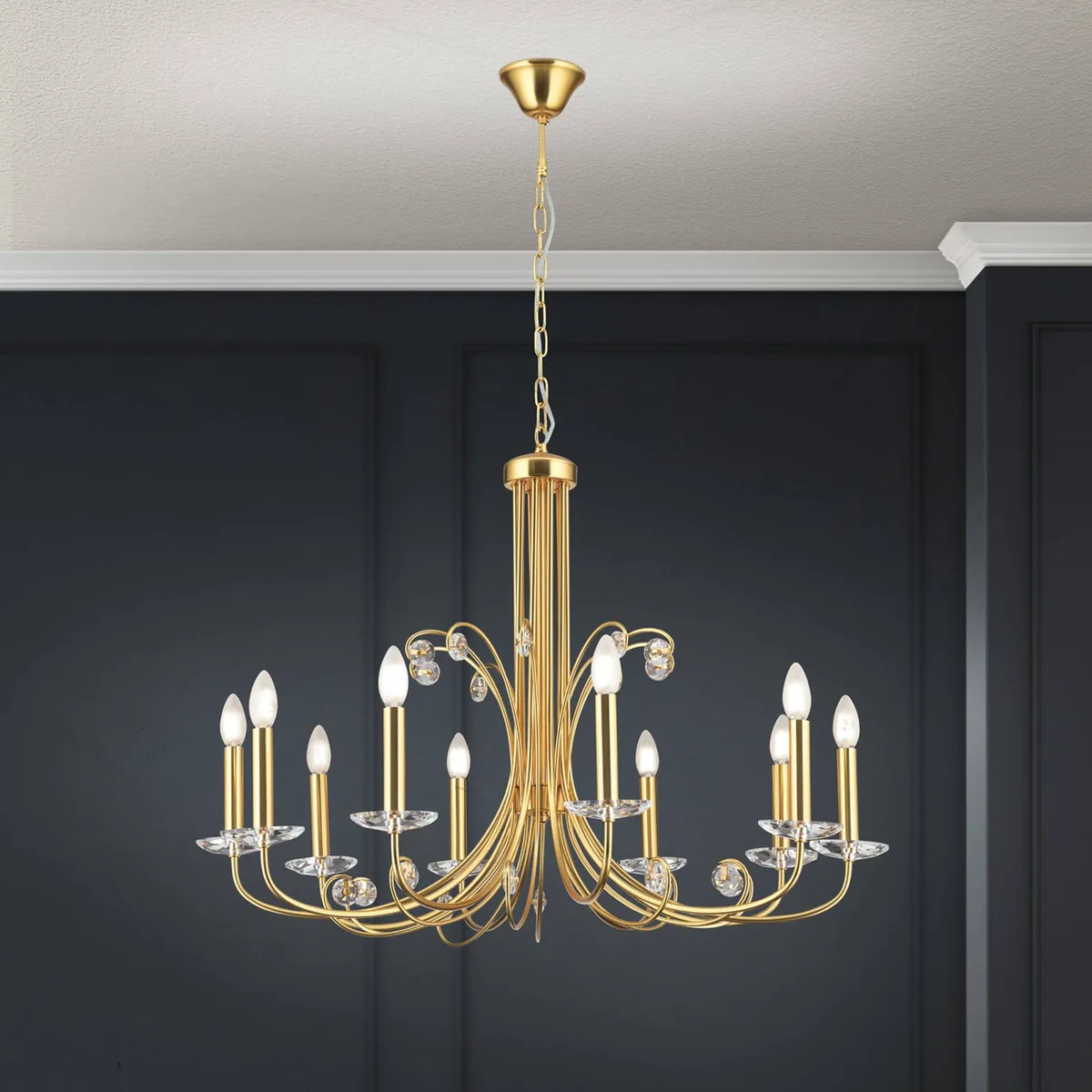 Kroonluchter Ariane, goudkleurig, Ø 92 cm, kristal, 10-lamps. de Orion en Or, Helder – photo produit