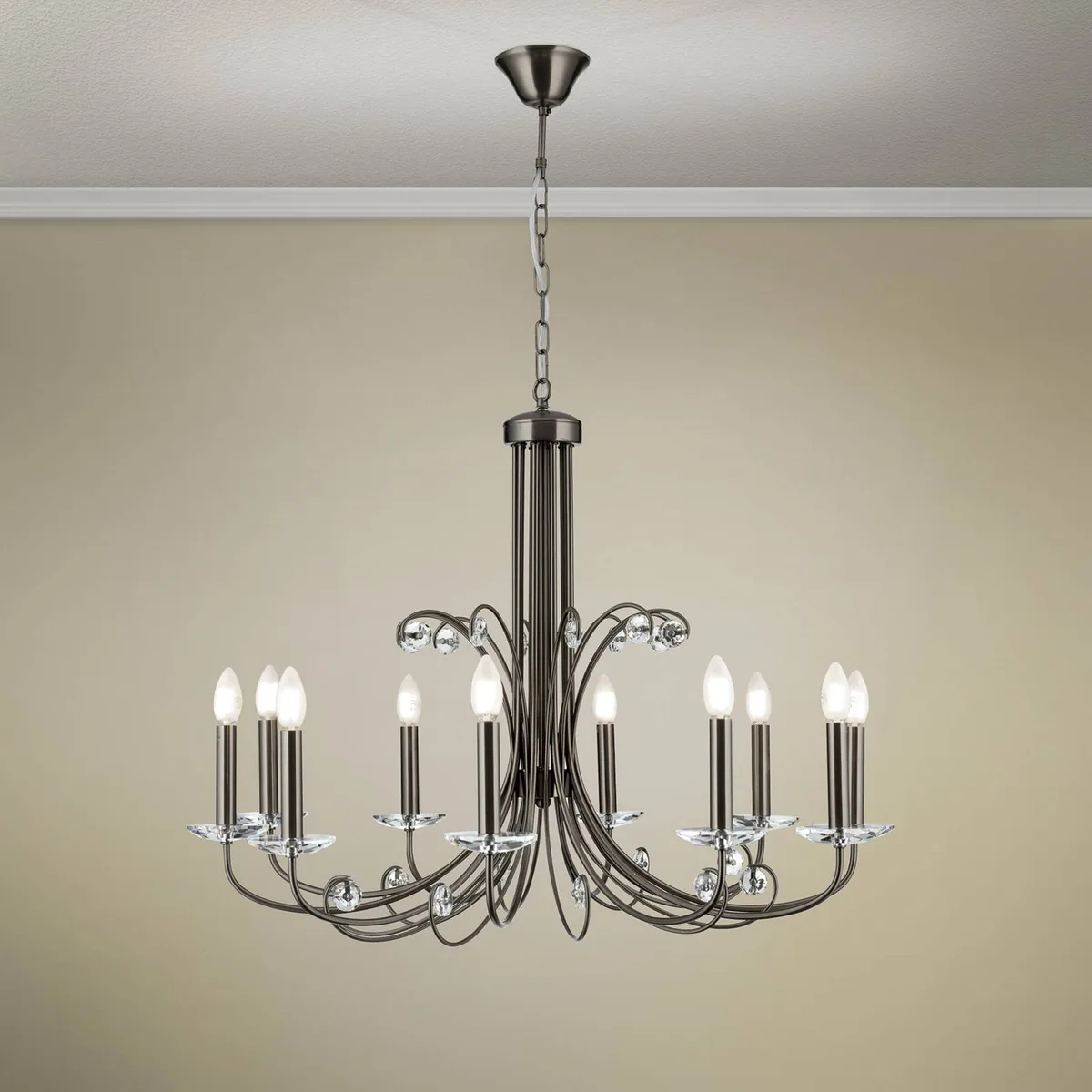 Kroonluchter Ariane, nikkel, Ø 92 cm, kristal, 10-lamps. de Orion en Nikkel, Helder – photo produit