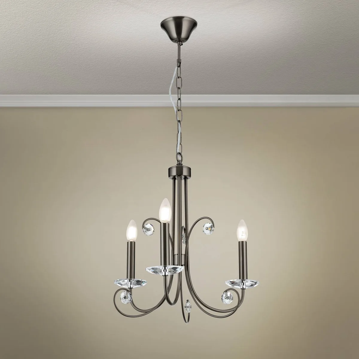 Kroonluchter Ariane, nikkelkleurig, Ø 50 cm, kristal, 3-lamps. von Orion in Nikkel, Helder – Produktfoto