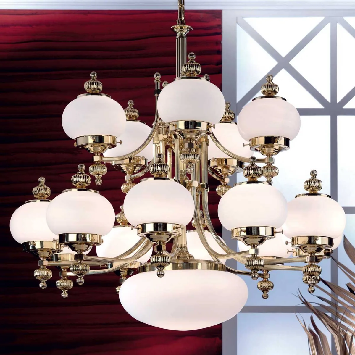 Kroonluchter Delia, messingkleurig Ø 100 cm, 16-lichts, glas by Orion in Brass, Opaal wit – product photo