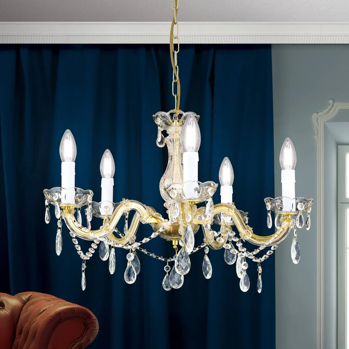 Kroonluchter Marie Claire van kristalglas met 5-lamps von Orion in Messing, Amber, Helder – Produktfoto