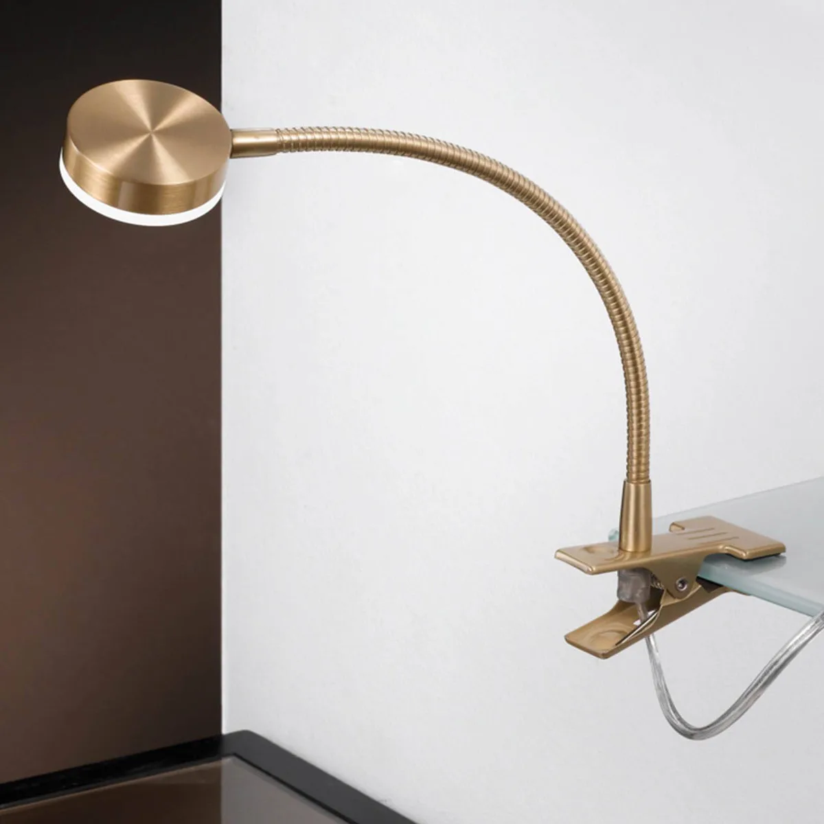 LED klemlamp Mira, flexibele arm, goud de Orion en Oud messing, Gesatineerd, Transparent – photo produit