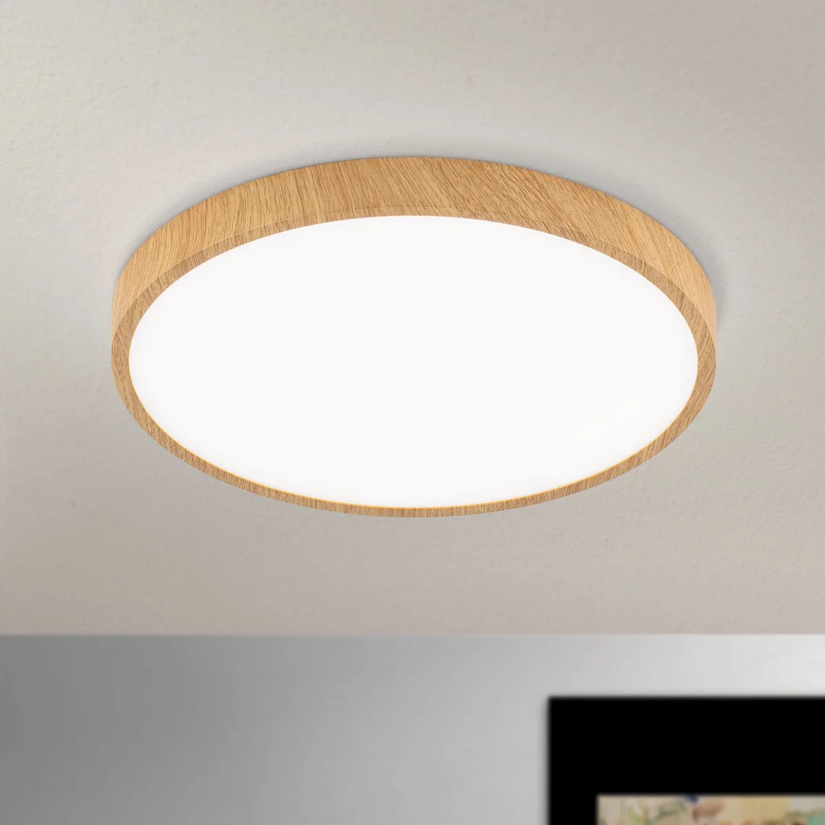 LED plafondlamp Bully met hout-optiek, Ø 28 cm de Orion en Licht hout, Wit gestructureerd – photo produit