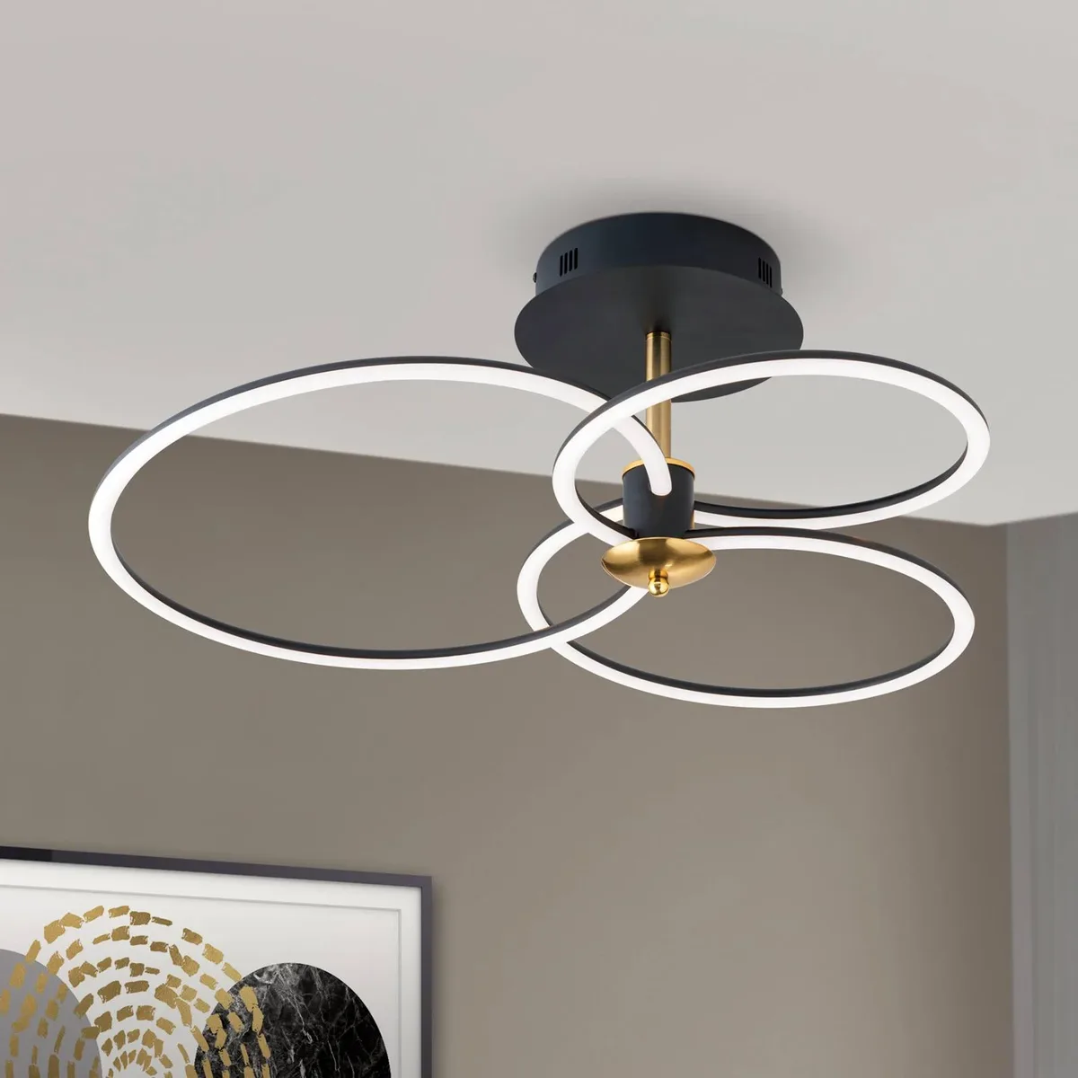 LED plafondlamp Charlotte, 3 ringen, zwart/goud de Orion en Noir, Or – photo produit
