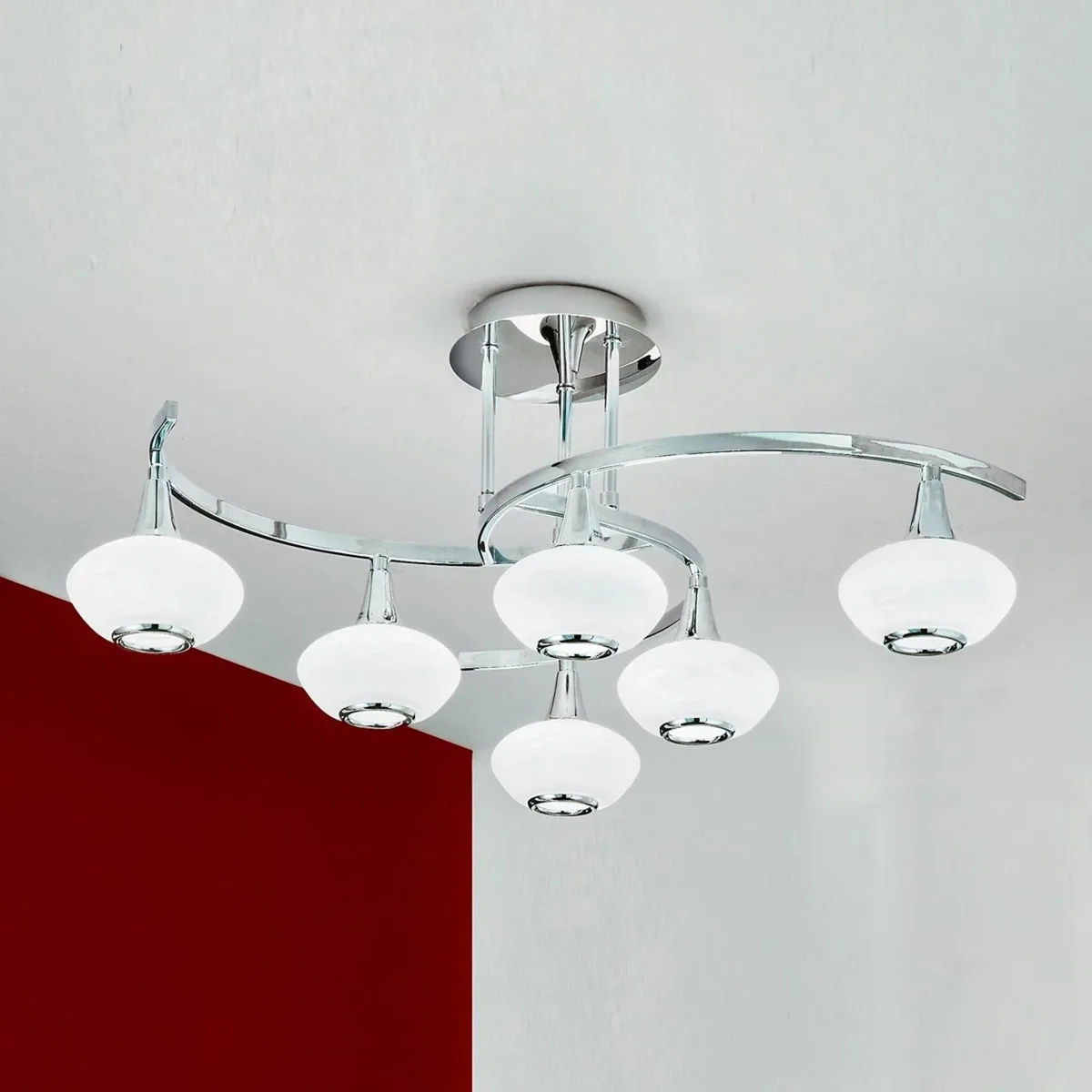 Lia plafondlamp, 6-lamps, chroomkleurig, glas/metaal de Orion en Chrome, Opaalwit – photo produit
