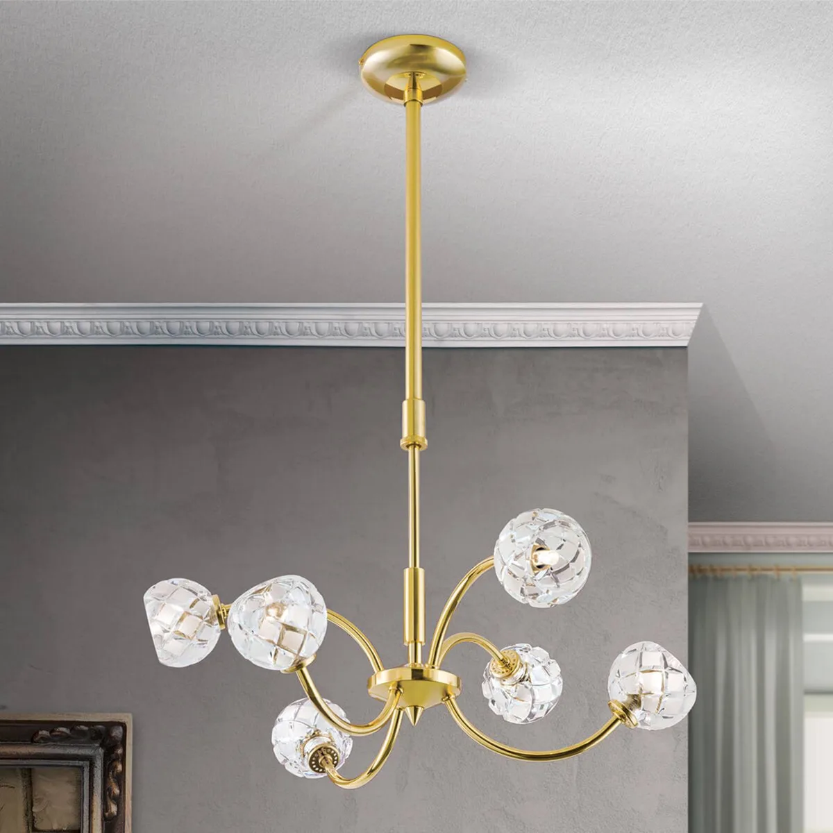 Loodkristal-hanglamp Maderno, goud, 51cm von Orion in Mat goud, Goud glanzend, Gesatineerd – Produktfoto