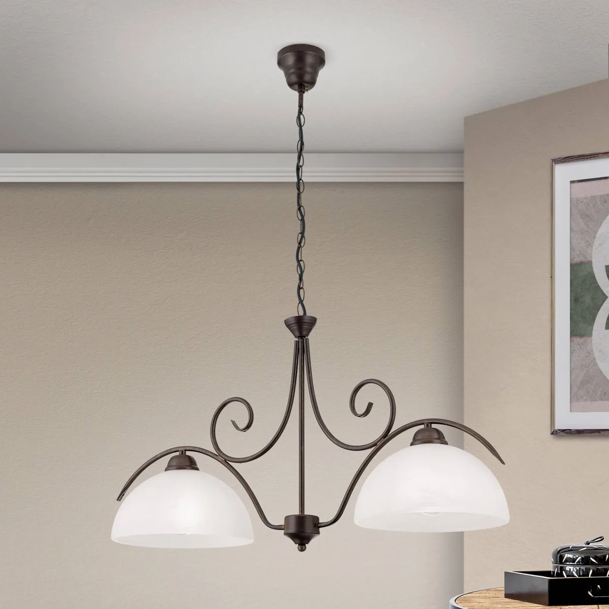 ORION 2-lichts hanglamp JANA met albastglas de Orion en Antiek-bruin, Blanc – photo produit
