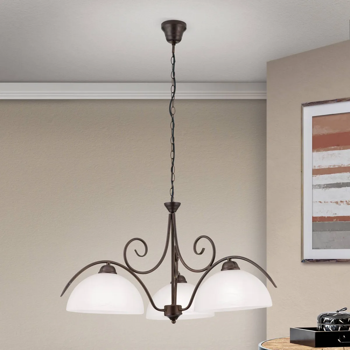 ORION 3-lamps hanglamp Marco met albast glas by Orion in Antiek-bruin, White – product photo